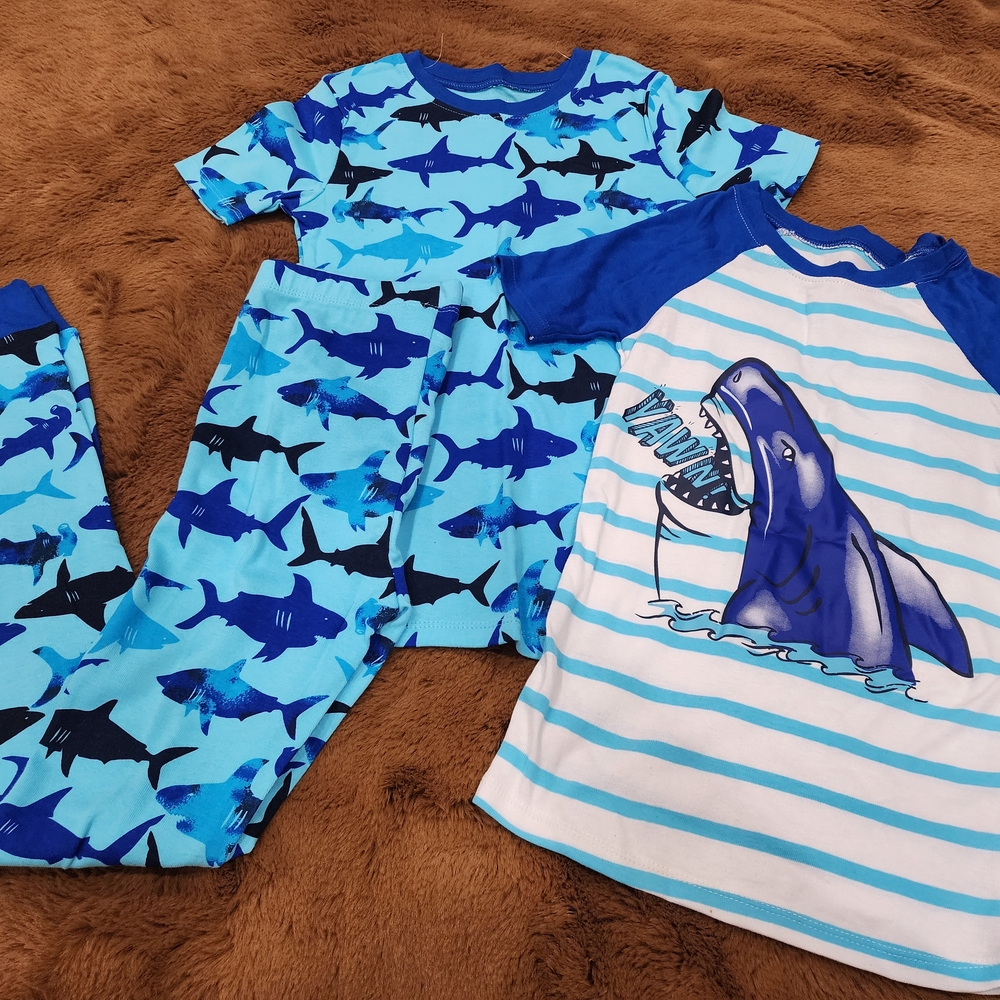 NWOT, Boys 3pcs. Blue Shark Print Kids Pajama Set, 2 Tops, 1 Bottom
